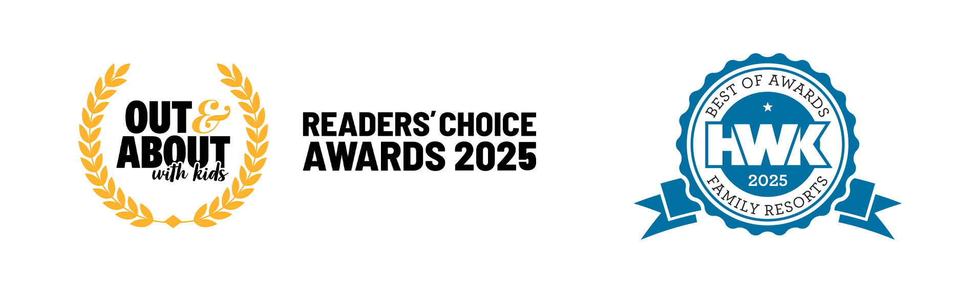 Logos of the Out and About with Kids and Holidays with Kids awards for 2025