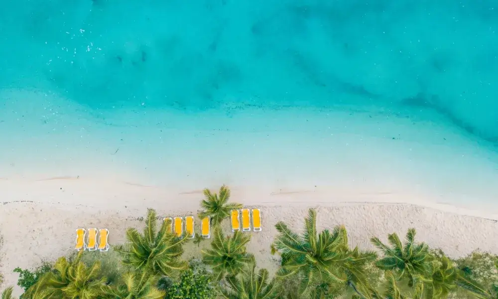 Aerial view of bright turquoise lagoon water meeting a sandy shoreline at Plantation Island Resort Fiji